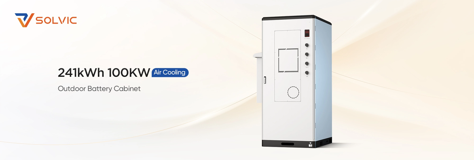 Solvic 241KWH 100KW air cooling battery cabinet poster – high-capacity LFP energy storage with forced air cooling system, featuring side ventilation louvers and thermal management fans for 100KW high-power charge/discharge, ideal for commercial and utility-scale BESS projects